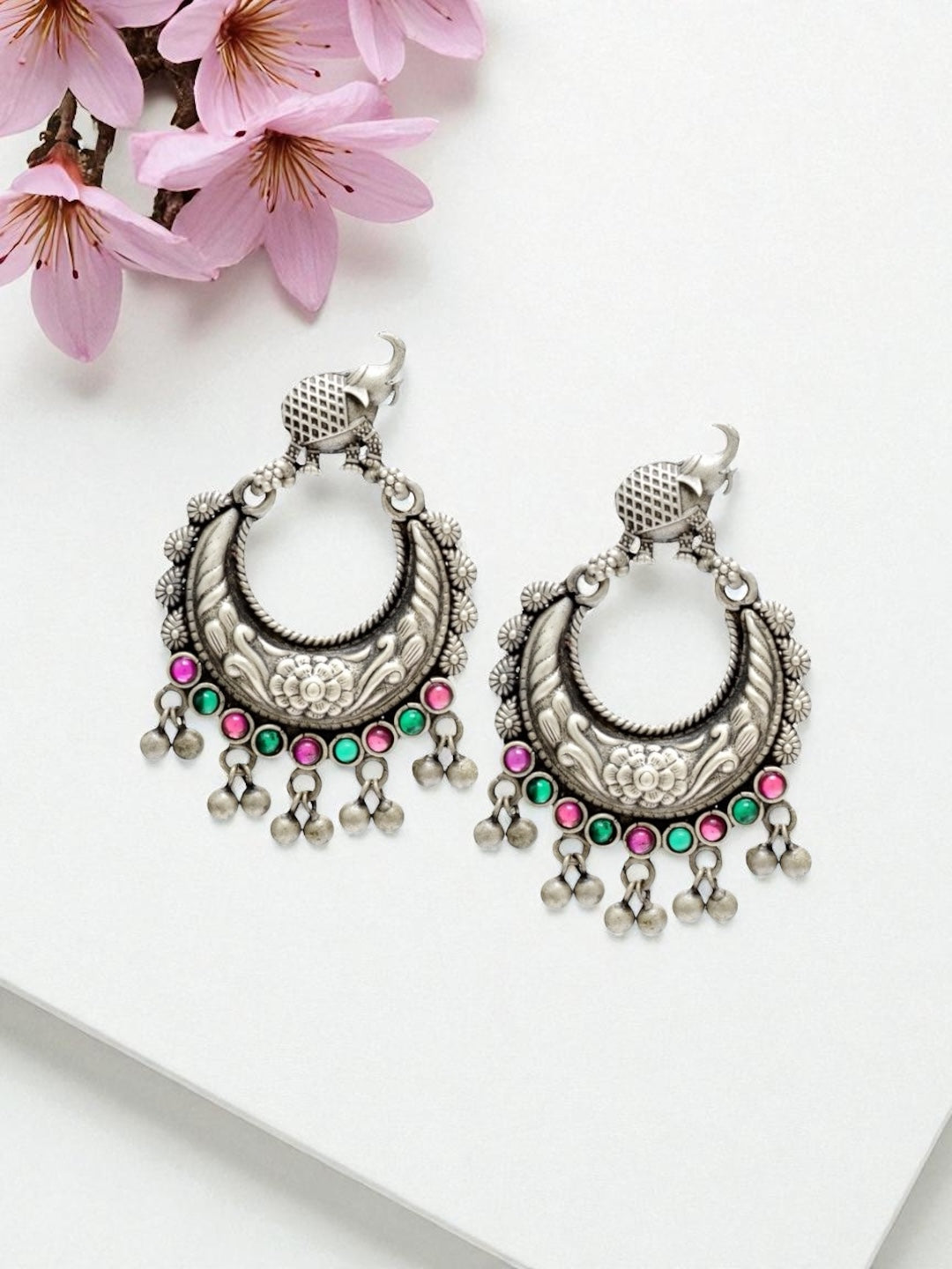Azita 925 Sterling Silver Oxidised Elephant Dangle and Drop Earrings for Women & Girls| Pink & Green Stone| With Certificate of Authenticity & 925 Stamp.