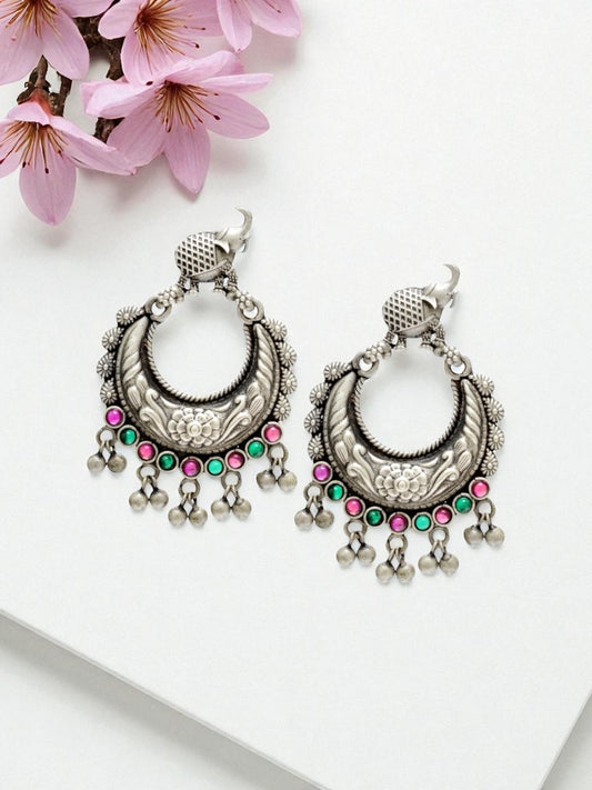 Azita 925 Sterling Silver Oxidised Elephant Dangle and Drop Earrings for Women & Girls| Pink & Green Stone| With Certificate of Authenticity & 925 Stamp.