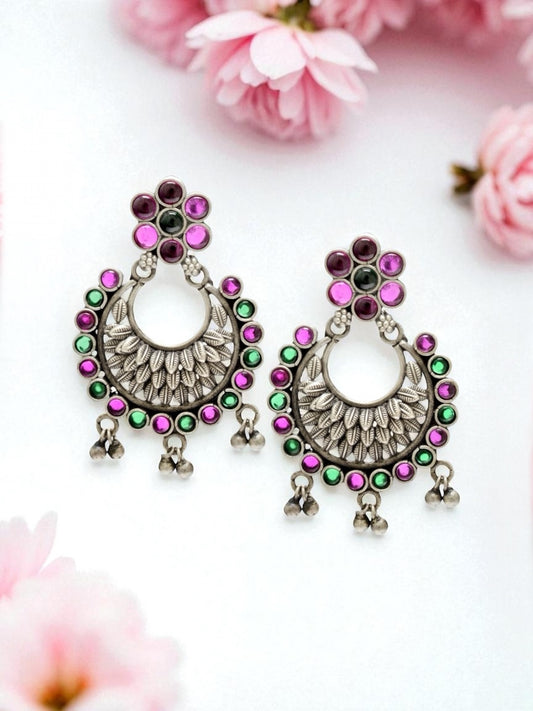 Azita 925 Sterling Silver Oxidised Flower Dangle and Drop Earrings for Women & Girls| Pink Flower Chandbali| With Certificate of Authenticity and 925 Stamp.