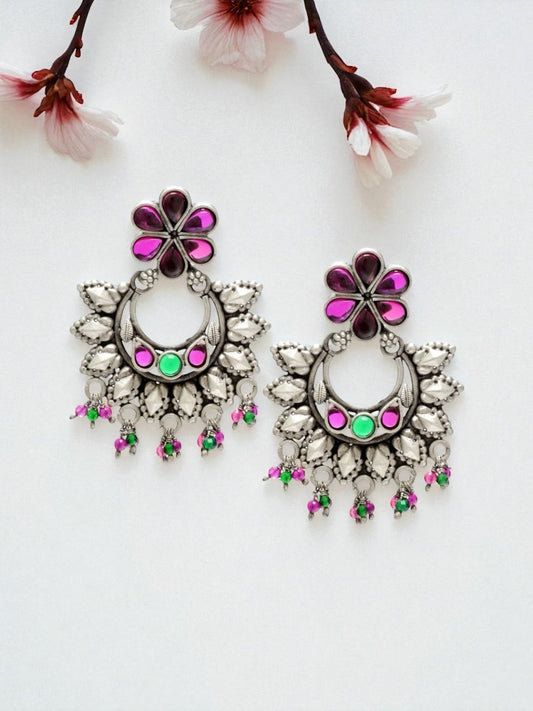 Azita 925 Sterling Silver Oxidised Dangle and Drop Earrings for Women & Girls| Pink Flower Top Chandbali | With Certificate of Authenticity & 925 Stamp.
