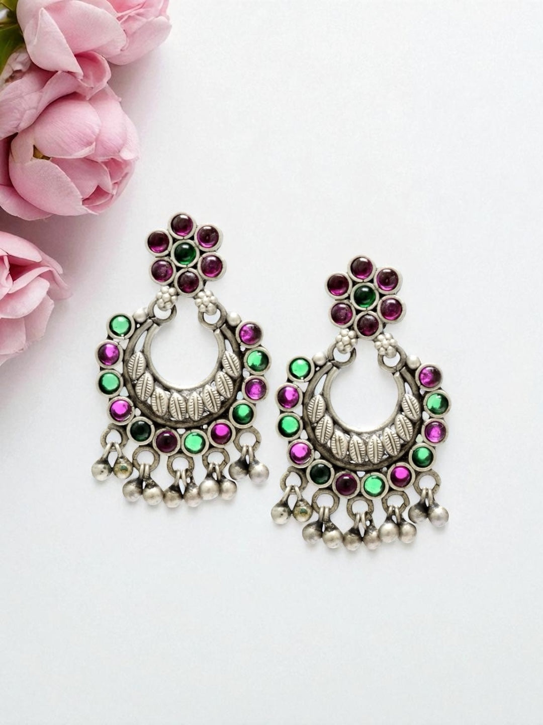 Azita 925 Sterling Silver Oxidised Flower Dangle and Drop Earrings for Women & Girls| Small Pink & Green Stone| With Certificate of Authenticity & 925 Stamp.