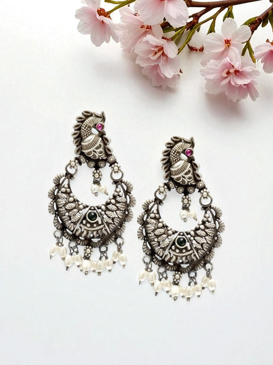 Azita 925 Sterling Silver Oxidised Peacock Dangle and Drop Earrings for Women and Girls| White Stone| With Certificate of Authenticity and 925 Stamp.