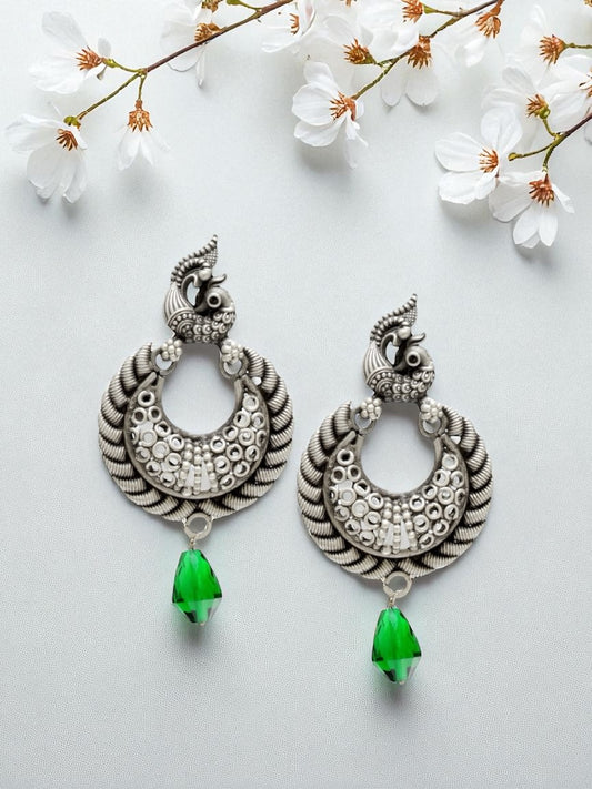 Azita 925 Sterling Silver Oxidised Peacock Dangle and Drop Earrings for Women and Girls| Green Stone Drop| With Certificate of Authenticity and 925 Stamp.
