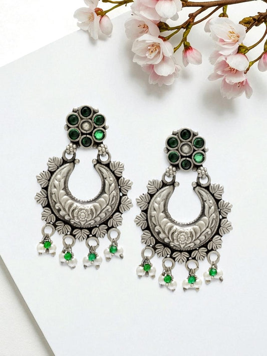Azita 925 Sterling Silver Oxidised Dangle and Drop Earrings for Women & Girls| White & Green Stone Chandbali| With Certificate of Authenticity & 925 Stamp.