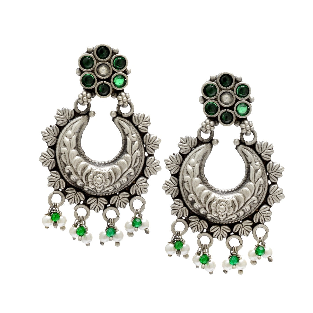 Azita 925 Sterling Silver Oxidised Dangle and Drop Earrings for Women & Girls| White & Green Stone Chandbali| With Certificate of Authenticity & 925 Stamp.