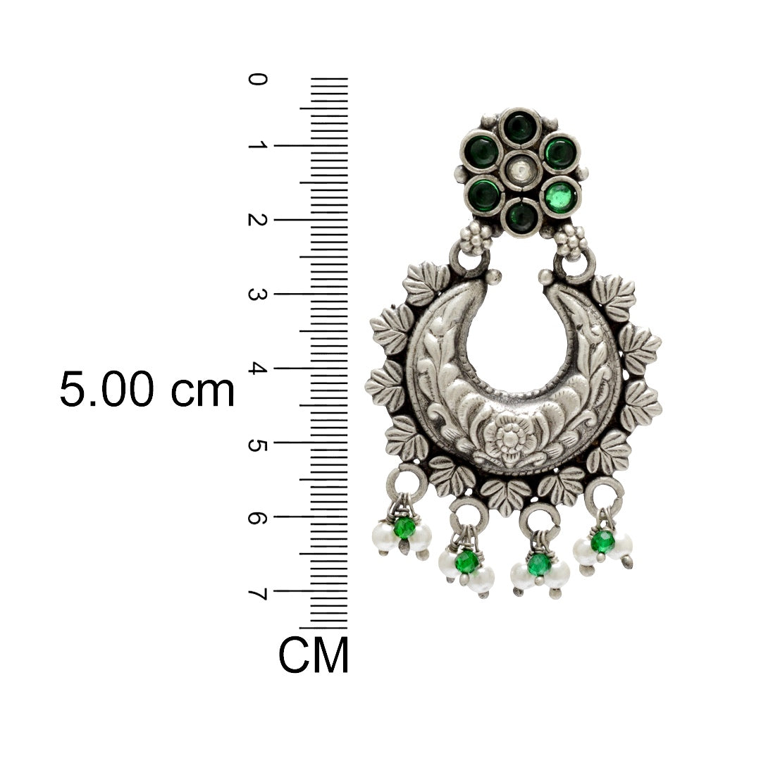 Azita 925 Sterling Silver Oxidised Dangle and Drop Earrings for Women & Girls| White & Green Stone Chandbali| With Certificate of Authenticity & 925 Stamp.