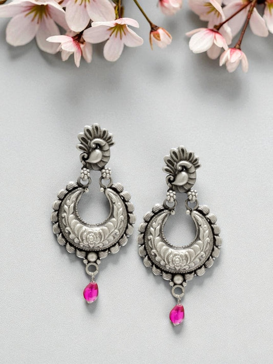 Azita 925 Sterling Silver Oxidised Dangle and Drop Earrings for Women and Girls| Pink Stone Chandbali| With Certificate of Authenticity and 925 Stamp.