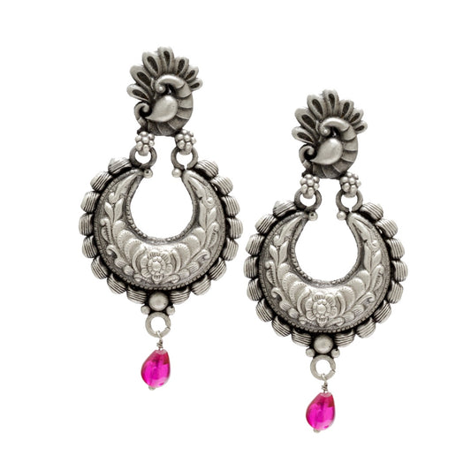 Azita 925 Sterling Silver Oxidised Dangle and Drop Earrings for Women and Girls| Pink Stone Chandbali| With Certificate of Authenticity and 925 Stamp.