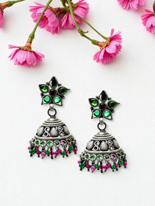 Azita 925 Sterling Silver Jhumki Earrings for Women and Girls| Green Flower Top with Pink and Green Hanging| With Certificate of Authenticity and 925 Stamp|