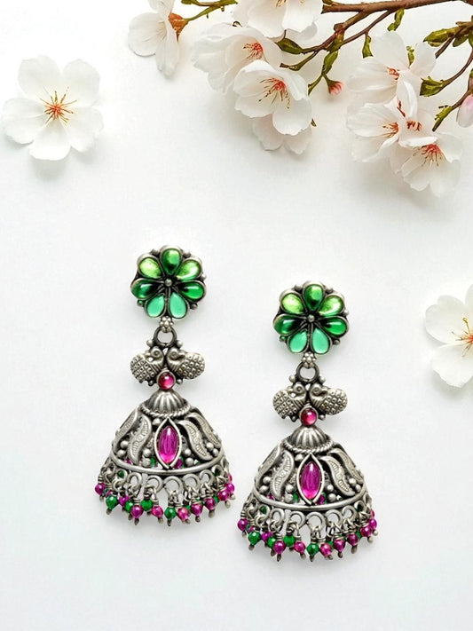 Azita 925 Sterling Silver Jhumki Earrings for Women and Girls| Green Flower Top with Peacock | With Certificate of Authenticity & 925 Stamp|