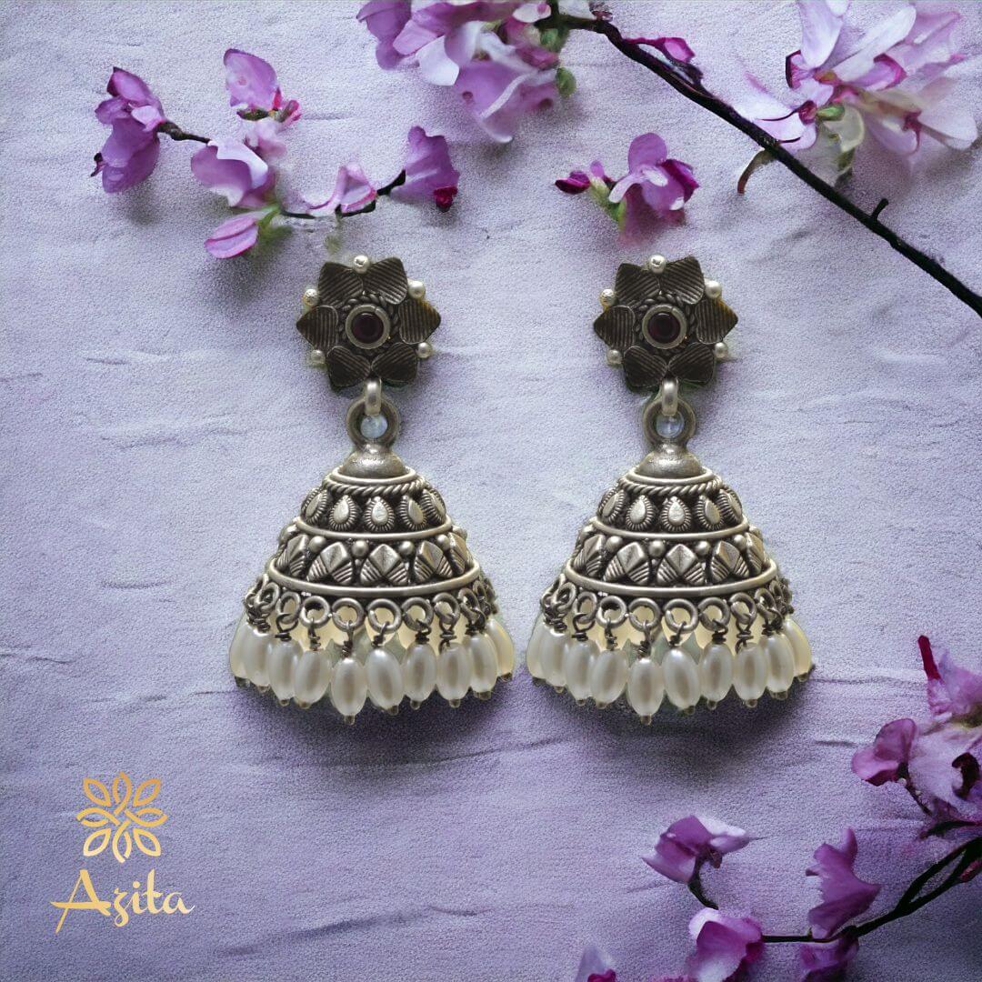 Azita 925 Sterling Silver Jhumki Earrings for Women and Girls| Silver Flower Top with White Stone Hanging| With Certificate of Authenticity and 925 Stamp|