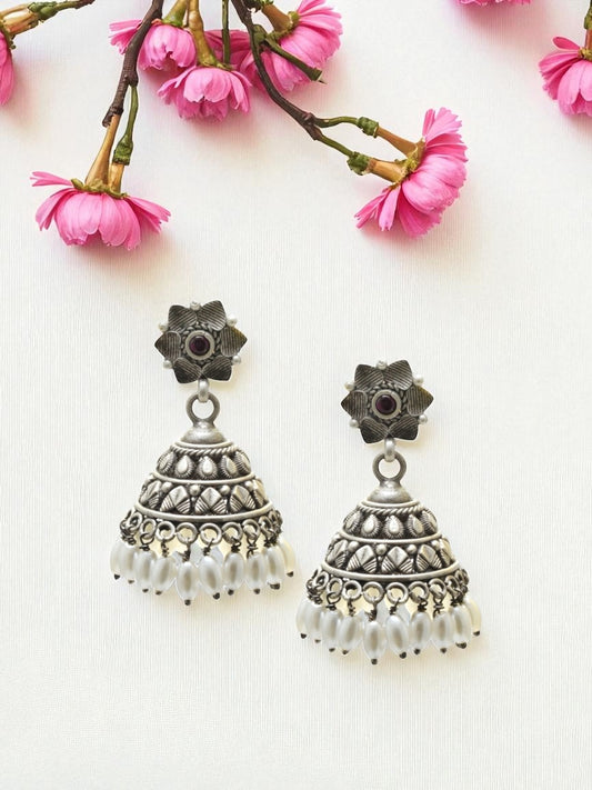 Azita 925 Sterling Silver Jhumki Earrings for Women and Girls| Silver Flower Top with White Stone Hanging| With Certificate of Authenticity and 925 Stamp|