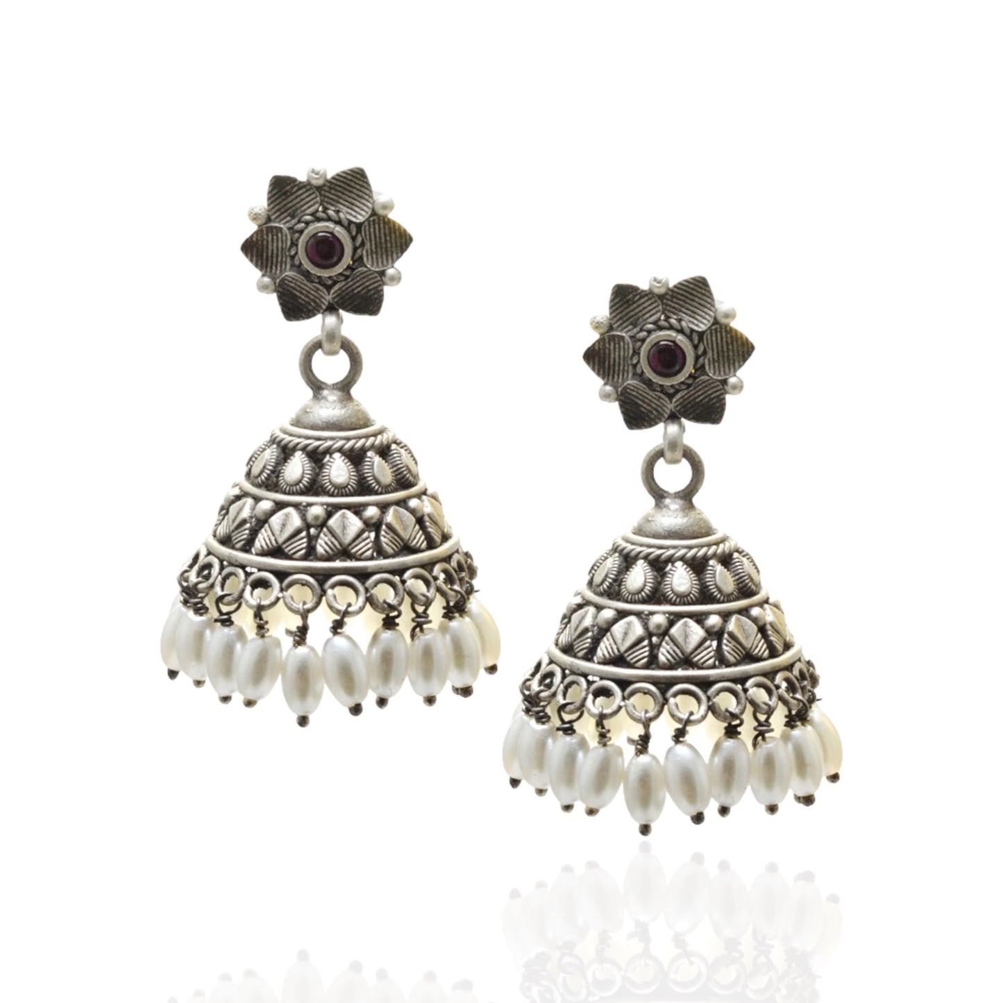 Azita 925 Sterling Silver Jhumki Earrings for Women and Girls| Silver Flower Top with White Stone Hanging| With Certificate of Authenticity and 925 Stamp|