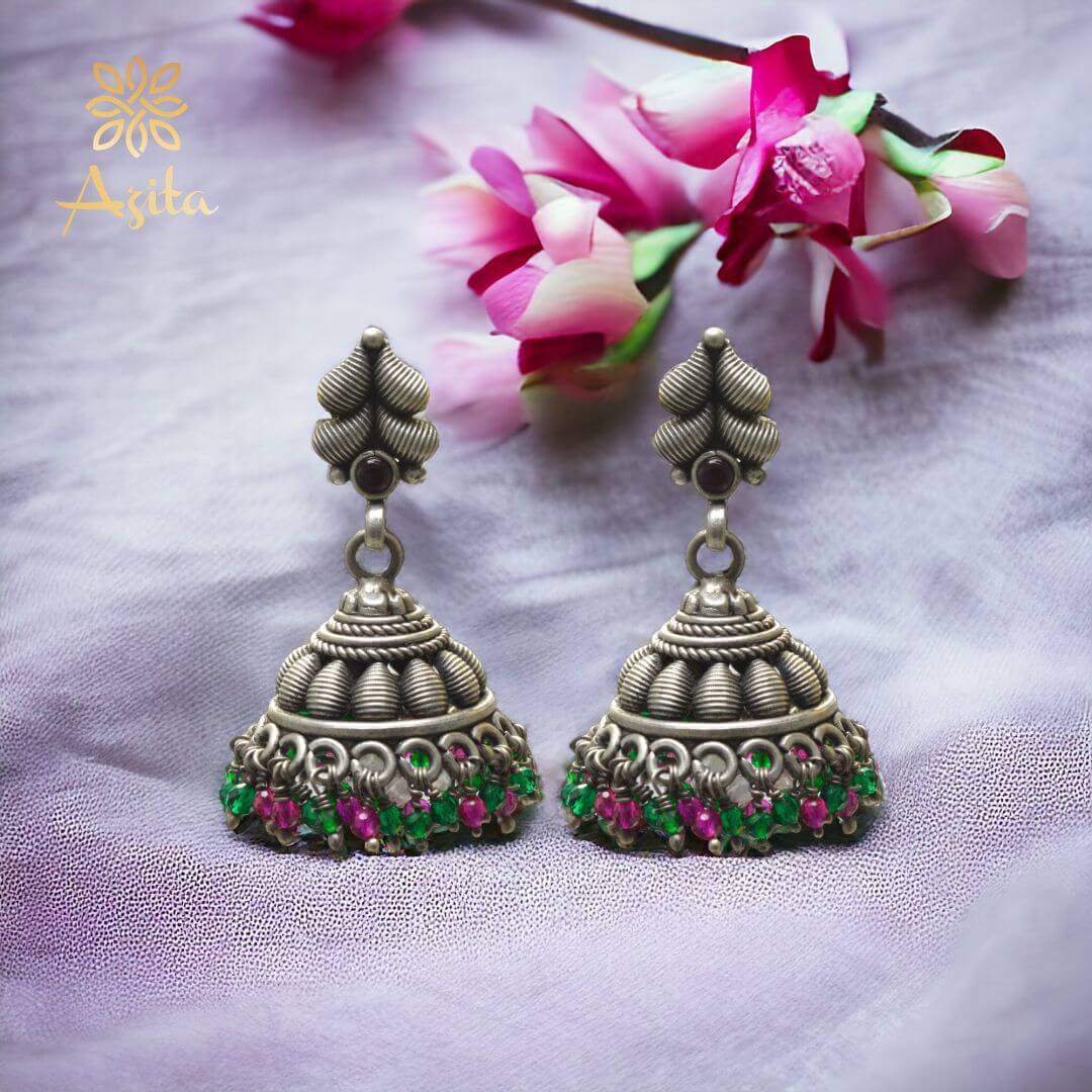 Azita 925 Sterling Silver Jhumki Earrings for Women and Girls| Leafy Top | With Certificate of Authenticity & 925 Stamp|