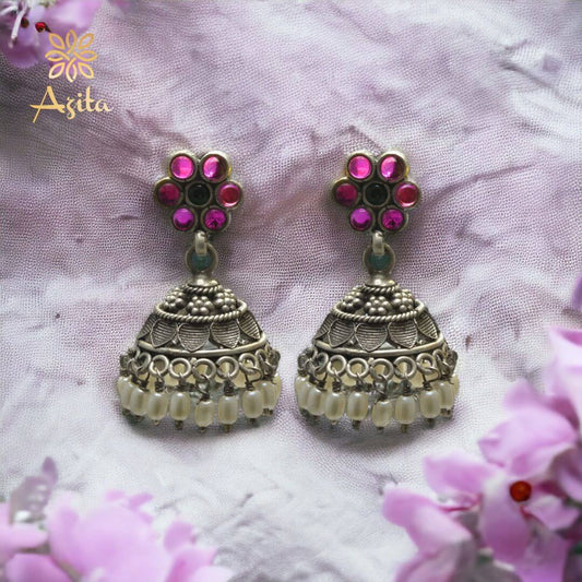 Azita 925 Sterling Silver Jhumki Earrings for Women and Girls| Pink Flower Top with White Stone Hanging| With Certificate of Authenticity and 925 Stamp|
