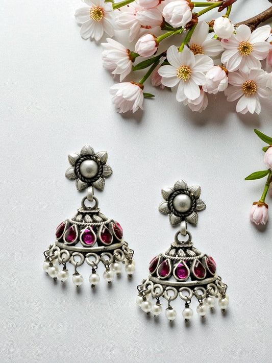 Azita 925 Sterling Silver Jhumki Earrings for Women and Girls| Flower Top with Pink Drop Stone | With Certificate of Authenticity & 925 Stamp|