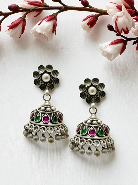 Azita 925 Sterling Silver Oxidised Jhumki Earrings for Women and Girls| Pink & Green Drop Stones | With Certificate of Authenticity & 925 Stamp|