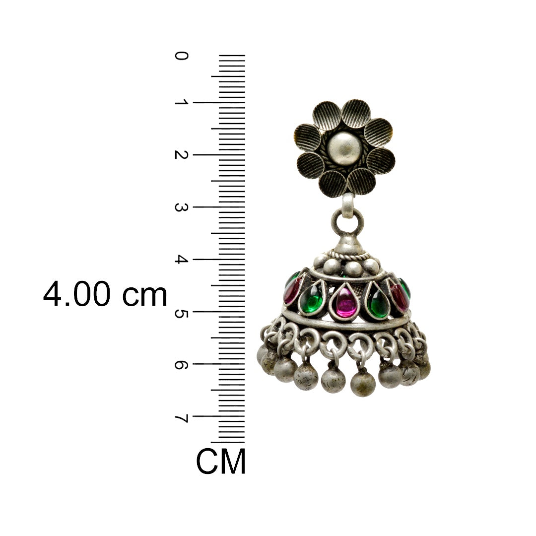 Azita 925 Sterling Silver Oxidised Jhumki Earrings for Women and Girls| Pink & Green Drop Stones | With Certificate of Authenticity & 925 Stamp|