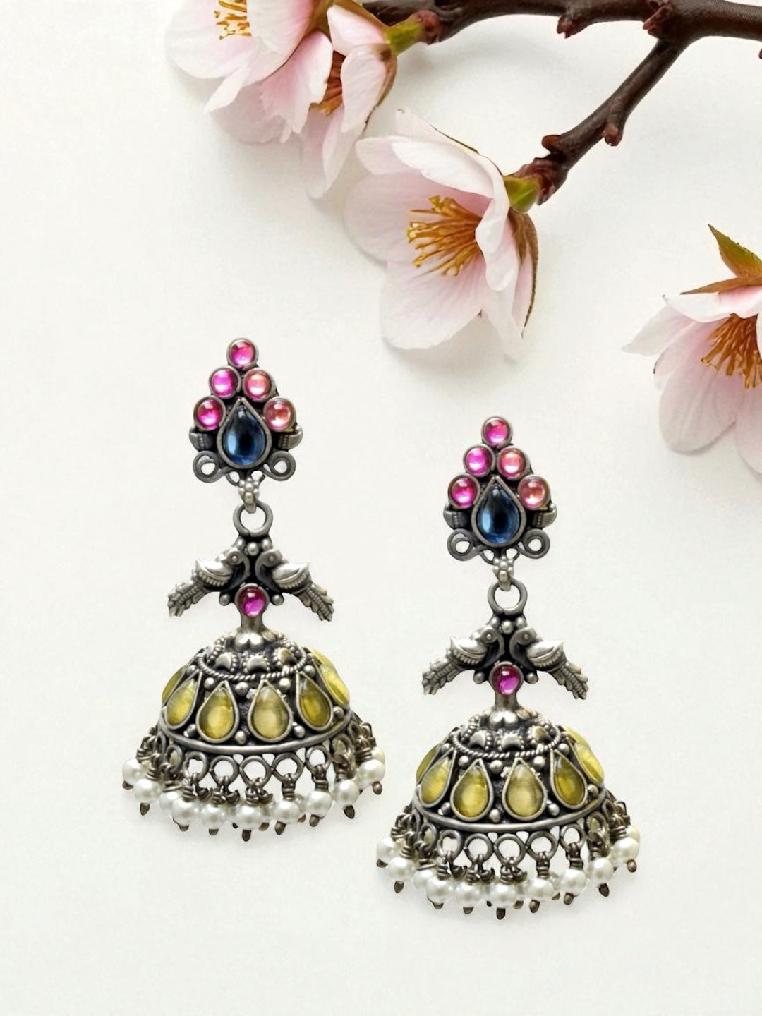 Azita 925 Sterling Silver Oxidised Jhumki Earrings for Women and Girls| Peacock with yellow Stone | With Certificate of Authenticity & 925 Stamp|