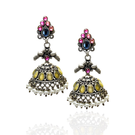 Azita 925 Sterling Silver Oxidised Jhumki Earrings for Women and Girls| Peacock with yellow Stone | With Certificate of Authenticity & 925 Stamp|