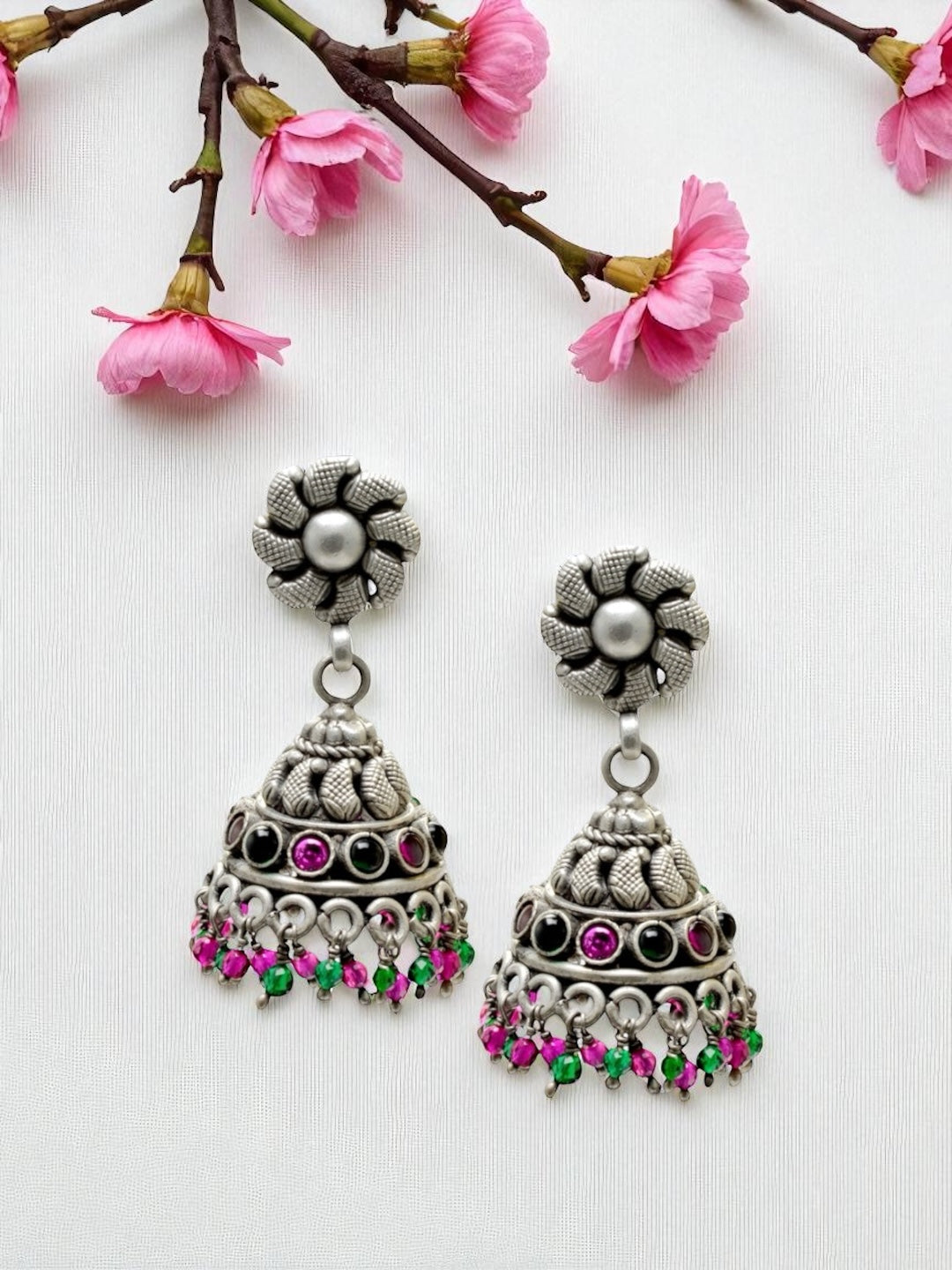 Azita 925 Sterling Silver Oxidised Jhumki Earrings for Women and Girls| Small Flower Top | With Certificate of Authenticity & 925 Stamp|