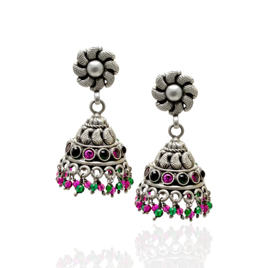 Azita 925 Sterling Silver Oxidised Jhumki Earrings for Women and Girls| Small Flower Top | With Certificate of Authenticity & 925 Stamp|