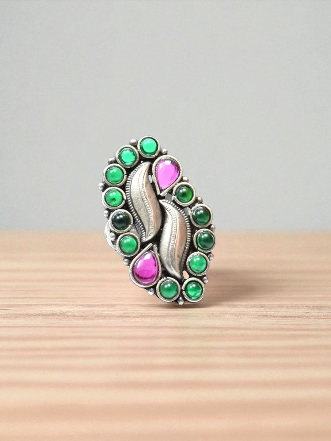 Azita 925 Sterling Silver Oxidised Cocktail Rings for Women with Certificate of Authenticity and 925 Stamp | Pink and Green Stone Elongated Ring |