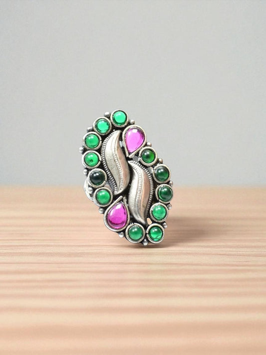 Azita 925 Sterling Silver Oxidised Cocktail Rings for Women with Certificate of Authenticity and 925 Stamp | Pink and Green Stone Elongated Ring |