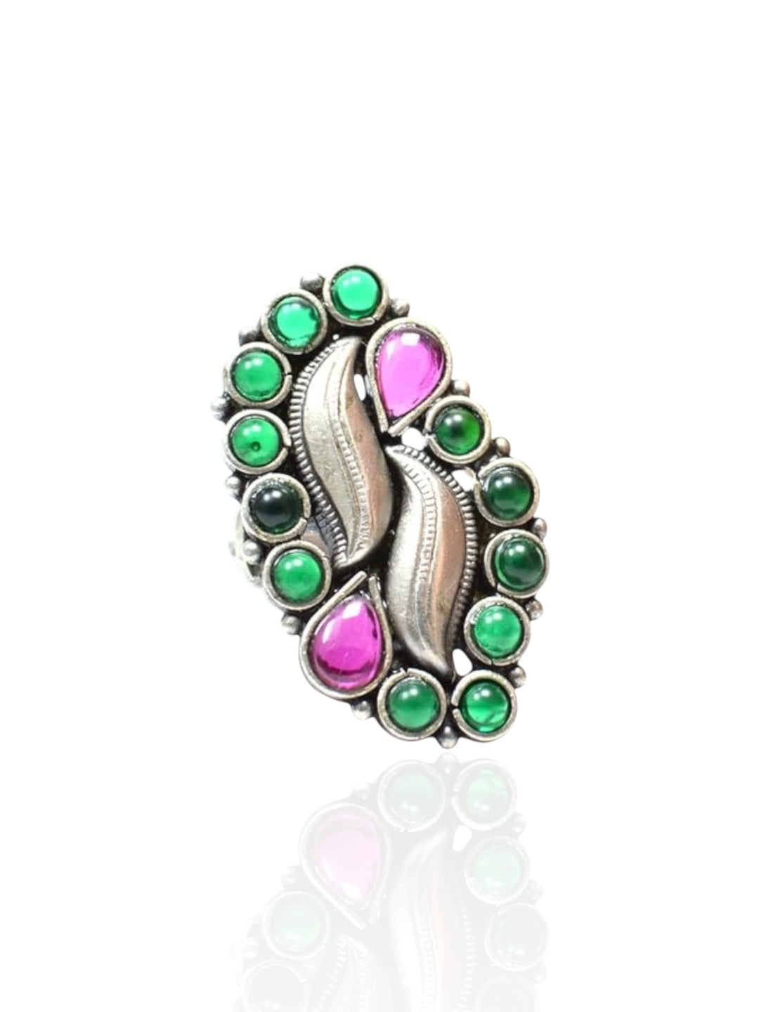 Azita 925 Sterling Silver Oxidised Cocktail Rings for Women with Certificate of Authenticity and 925 Stamp | Pink and Green Stone Elongated Ring |