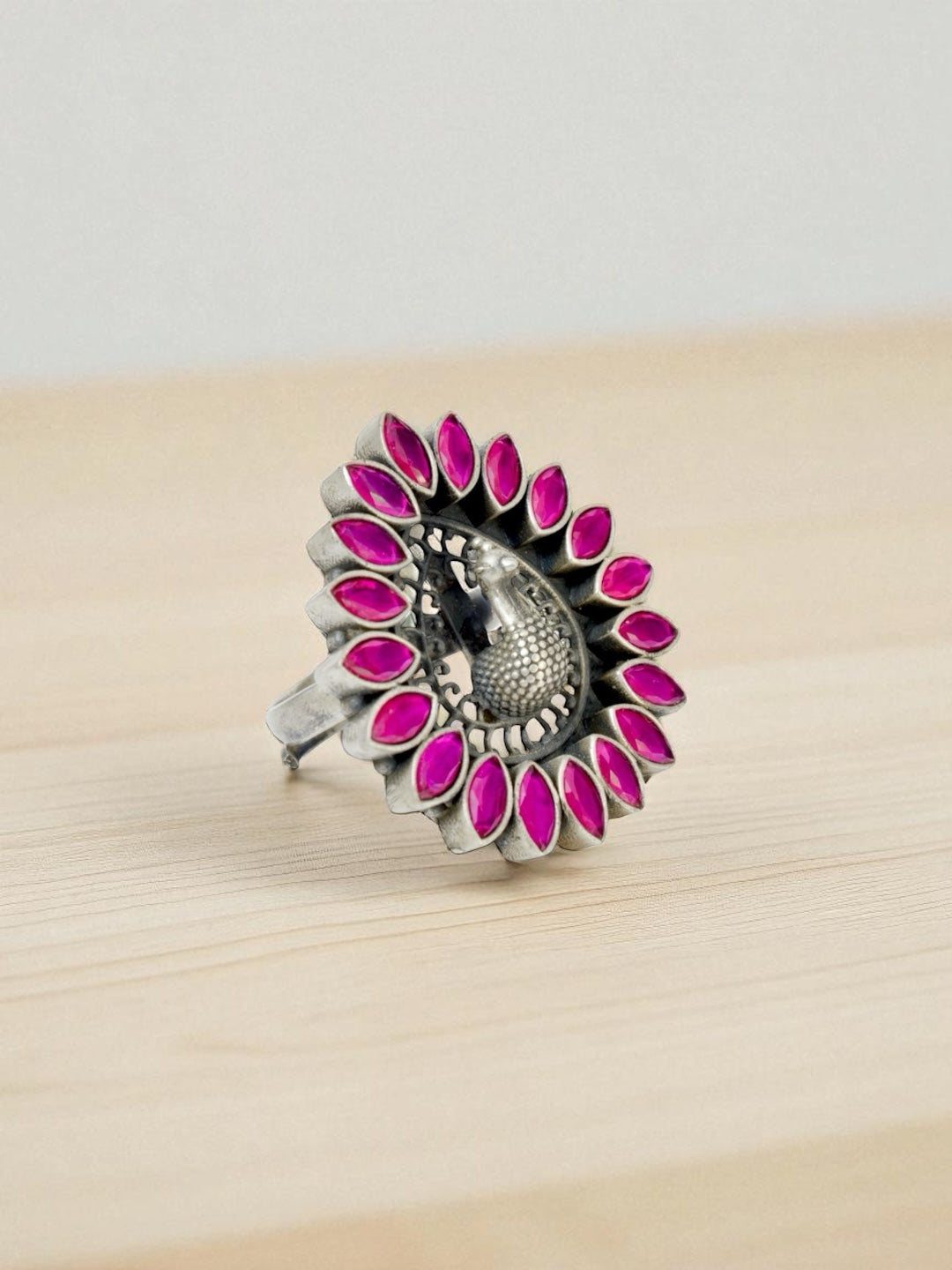 Azita 925 Sterling Silver Peacock Cocktail Ring for Women and Girls| Pink Stone | with Certificate of Authenticity and BIS Hallmark