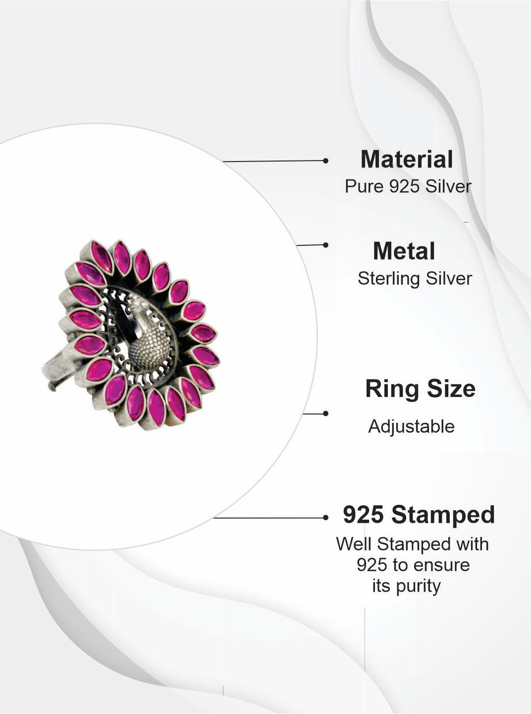 Azita 925 Sterling Silver Peacock Cocktail Ring for Women and Girls| Pink Stone | with Certificate of Authenticity and BIS Hallmark