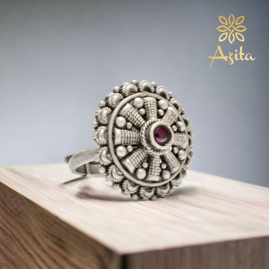 Azita 925 Sterling Silver Oxidised Cocktail Ring for Women and Girls | Flower Top with Pink Centre Stone| With Certificate of Authenticity and 925 Stamp.