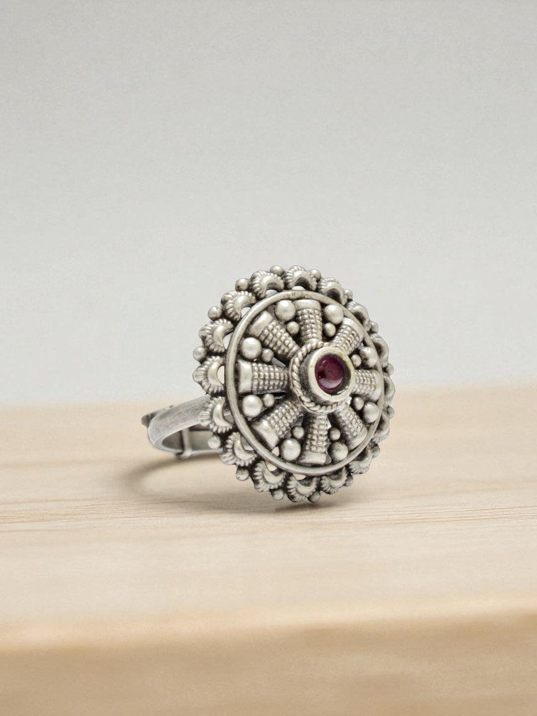 Azita 925 Sterling Silver Oxidised Cocktail Ring for Women and Girls | Flower Top with Pink Centre Stone| With Certificate of Authenticity and 925 Stamp.