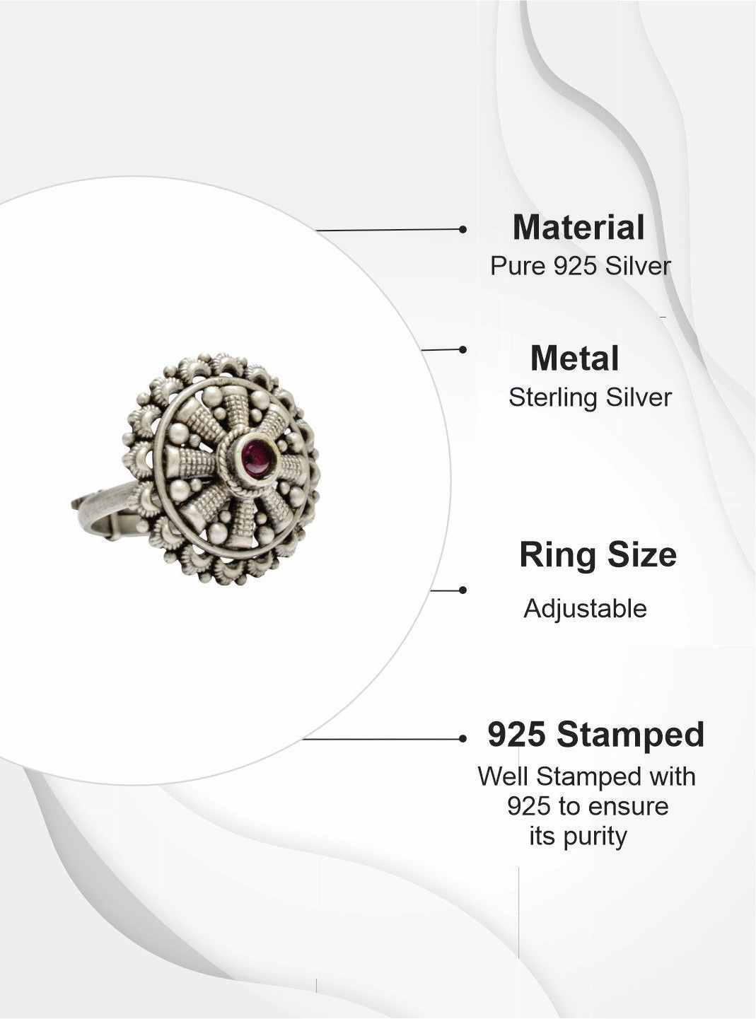 Azita 925 Sterling Silver Oxidised Cocktail Ring for Women and Girls | Flower Top with Pink Centre Stone| With Certificate of Authenticity and 925 Stamp.