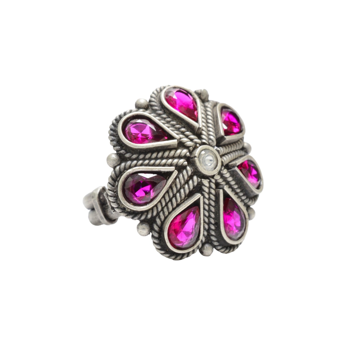 Azita 925 Sterling Silver Oxidised Cocktail Ring for Women and Girls | Pink Flower Top | With Certificate of Authenticity and 925 Stamp.