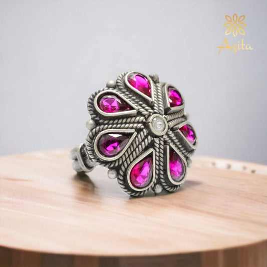 Azita 925 Sterling Silver Oxidised Cocktail Ring for Women and Girls | Pink Flower Top | With Certificate of Authenticity and 925 Stamp.