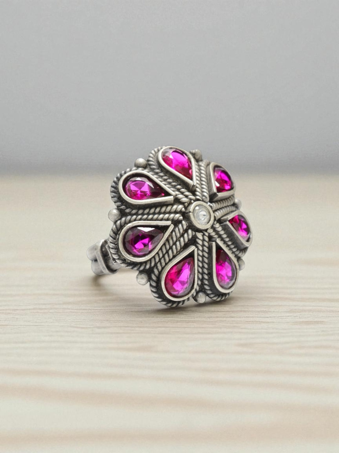 Azita 925 Sterling Silver Oxidised Cocktail Ring for Women and Girls | Pink Flower Top | With Certificate of Authenticity and 925 Stamp.