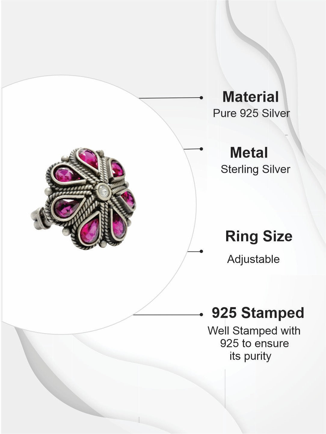 Azita 925 Sterling Silver Oxidised Cocktail Ring for Women and Girls | Pink Flower Top | With Certificate of Authenticity and 925 Stamp.