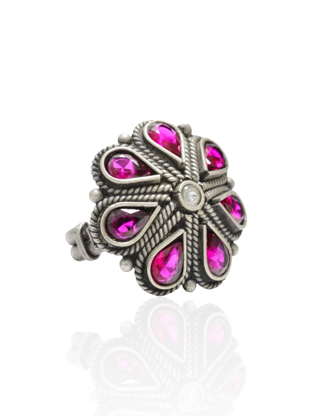 Azita 925 Sterling Silver Oxidised Cocktail Ring for Women and Girls | Pink Flower Top | With Certificate of Authenticity and 925 Stamp.