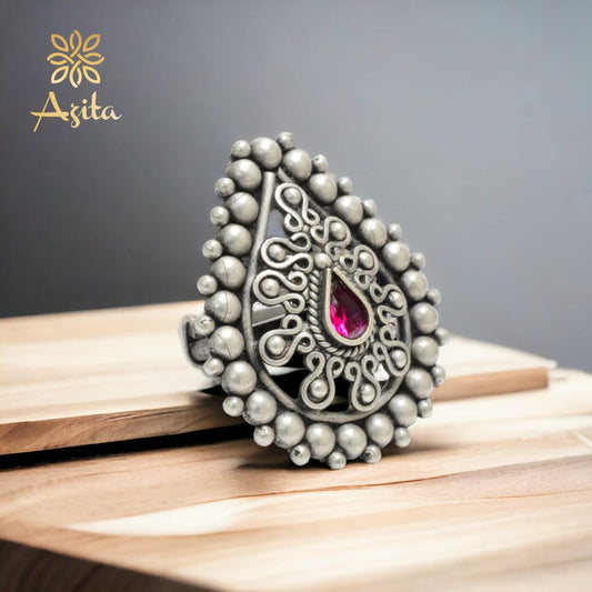Azita 925 Sterling Silver Oxidised Cocktail Ring for Women and Girls | Pear Shape Ring with centre Pink Pear Stone | With Certificate of Authenticity and 925 Stamp.