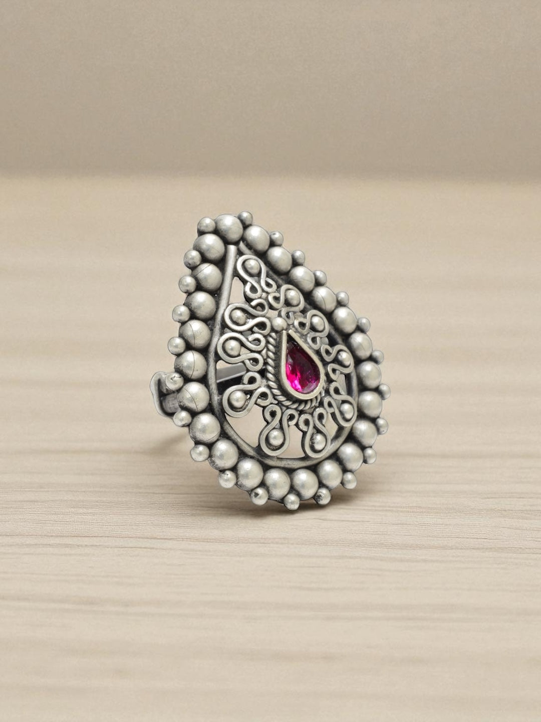 Azita 925 Sterling Silver Oxidised Cocktail Ring for Women and Girls | Pear Shape Ring with centre Pink Pear Stone | With Certificate of Authenticity and 925 Stamp.