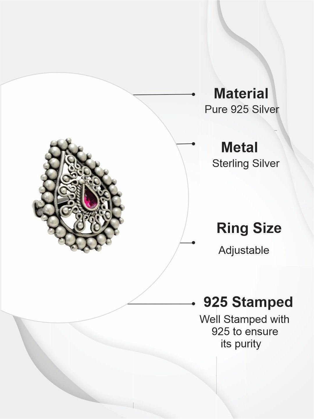 Azita 925 Sterling Silver Oxidised Cocktail Ring for Women and Girls | Pear Shape Ring with centre Pink Pear Stone | With Certificate of Authenticity and 925 Stamp.