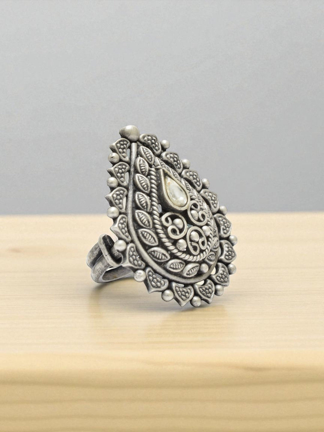 Azita 925 Sterling Silver Oxidised Cocktail Ring for Women and Girls | Pear Shape Ring with centre White Pear Stone | With Certificate of Authenticity and 925 Stamp.