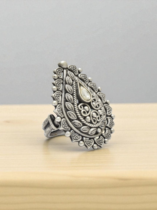 Azita 925 Sterling Silver Oxidised Cocktail Ring for Women and Girls | Pear Shape Ring with centre White Pear Stone | With Certificate of Authenticity and 925 Stamp.