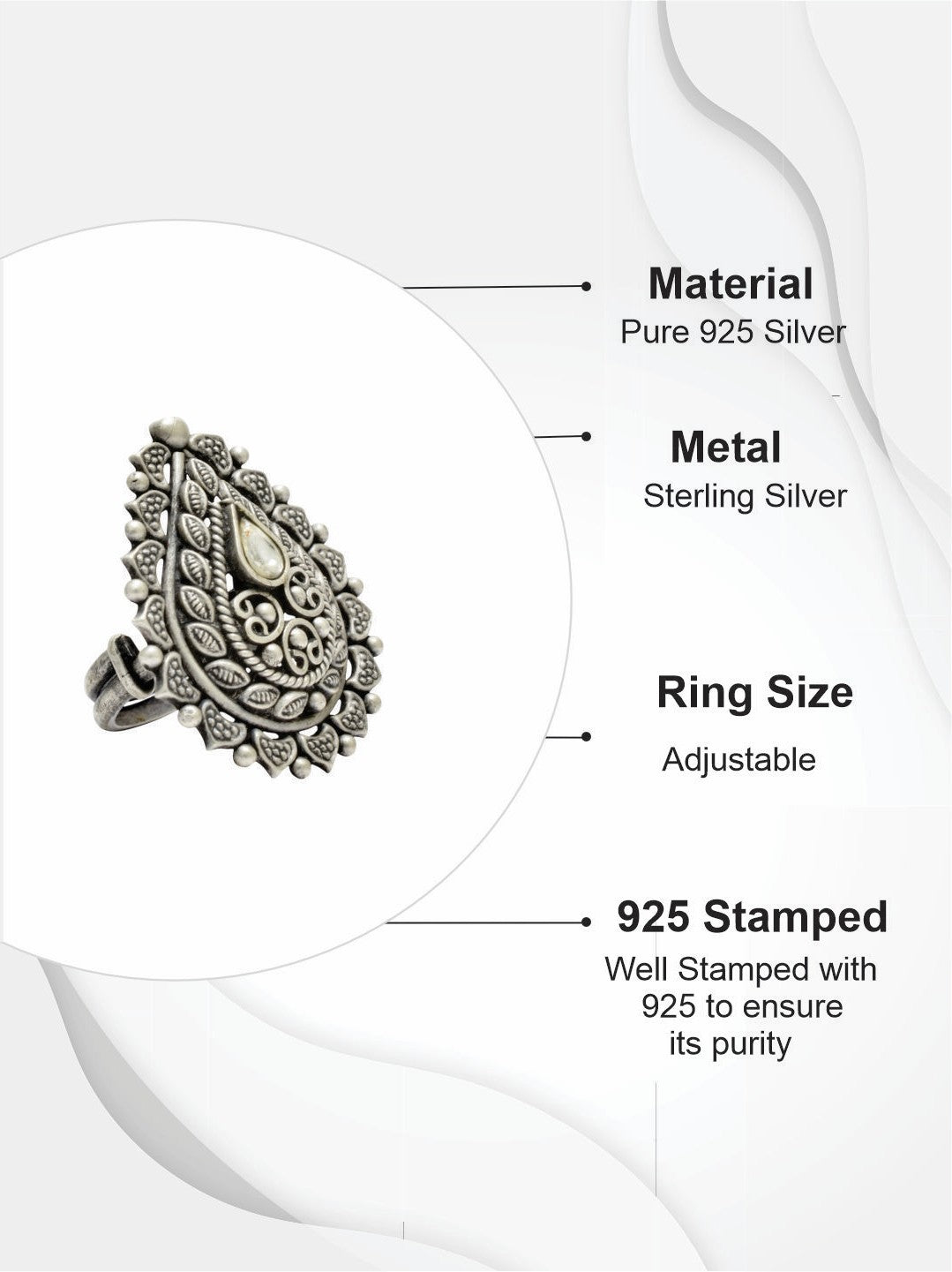 Azita 925 Sterling Silver Oxidised Cocktail Ring for Women and Girls | Pear Shape Ring with centre White Pear Stone | With Certificate of Authenticity and 925 Stamp.