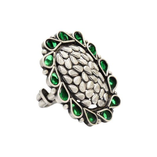 Azita 925 Sterling Silver Oxidised Cocktail Ring for Women and Girls | Cylindrical Shape Ring with Green Stone | With Certificate of Authenticity and 925 Stamp.