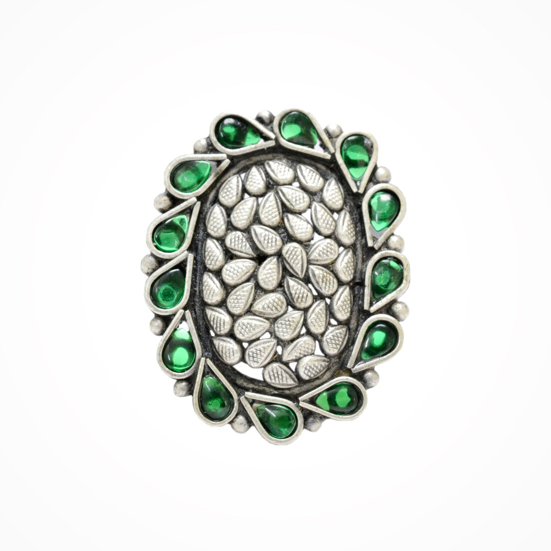 Azita 925 Sterling Silver Oxidised Cocktail Ring for Women and Girls | Cylindrical Shape Ring with Green Stone | With Certificate of Authenticity and 925 Stamp.