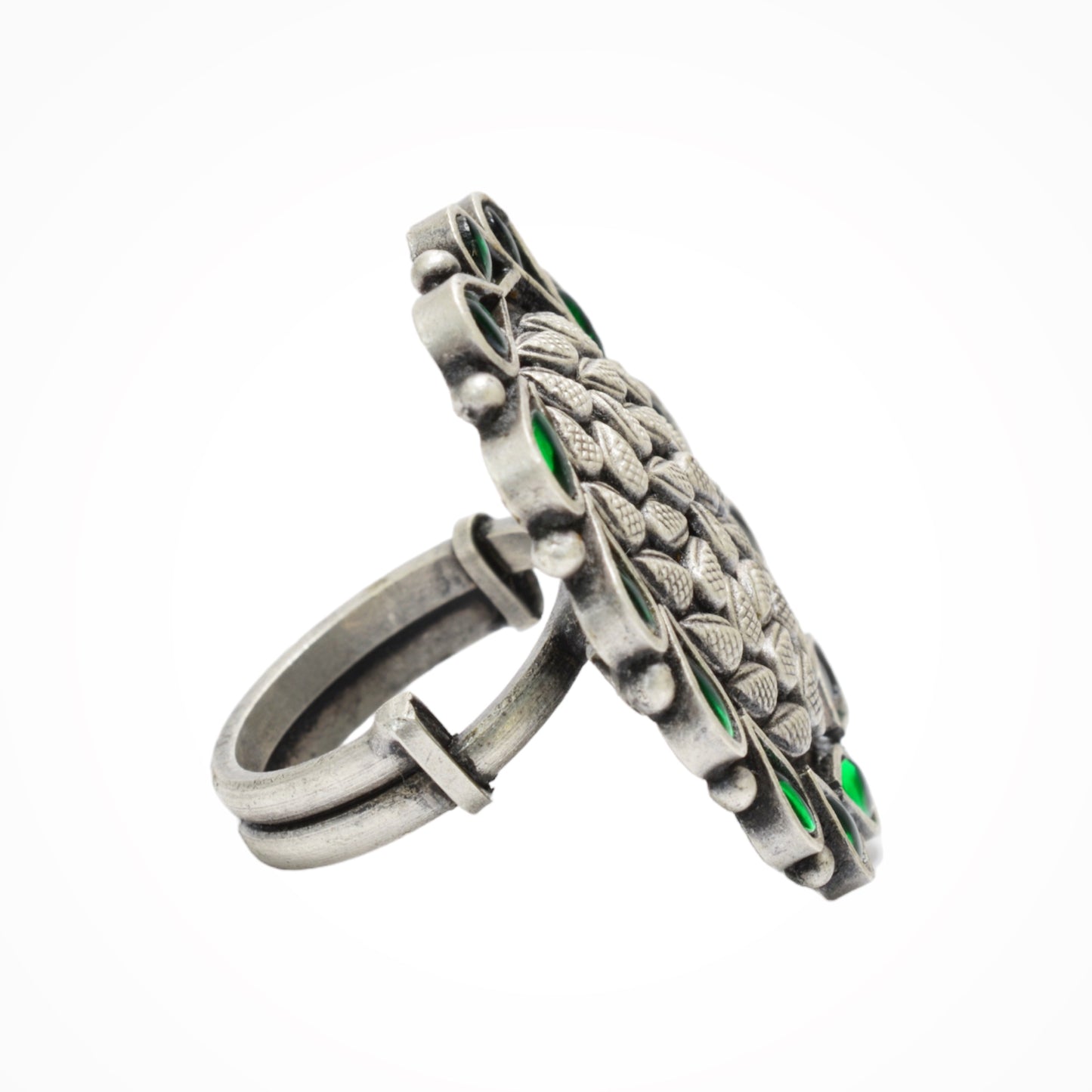 Azita 925 Sterling Silver Oxidised Cocktail Ring for Women and Girls | Cylindrical Shape Ring with Green Stone | With Certificate of Authenticity and 925 Stamp.