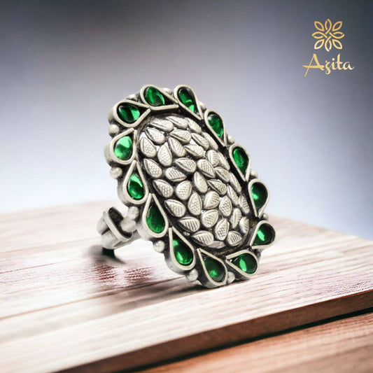 Azita 925 Sterling Silver Oxidised Cocktail Ring for Women and Girls | Cylindrical Shape Ring with Green Stone | With Certificate of Authenticity and 925 Stamp.